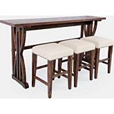 Fairview Counter Sofa Table Set with 3 Stools in Distressed Oak Finish